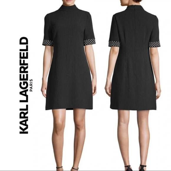 Karl Lagerfeld Paris Pinstripe Dress Pearl Like Sleeve Black White. Size  6 - Picture 1 of 9